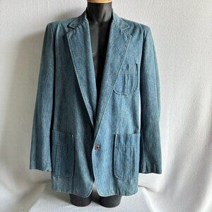 1970s 1980s Brushed Denim Sport Coat Blazer Suit Jacket 46Tall
